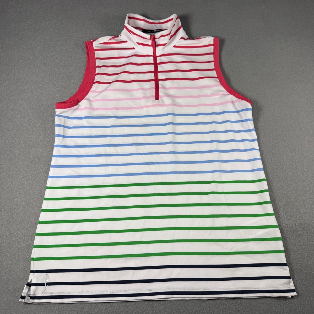 RLX Ralph Lauren Womens Large Sleeveless Golf Polo Quarter Zip Striped Wicking